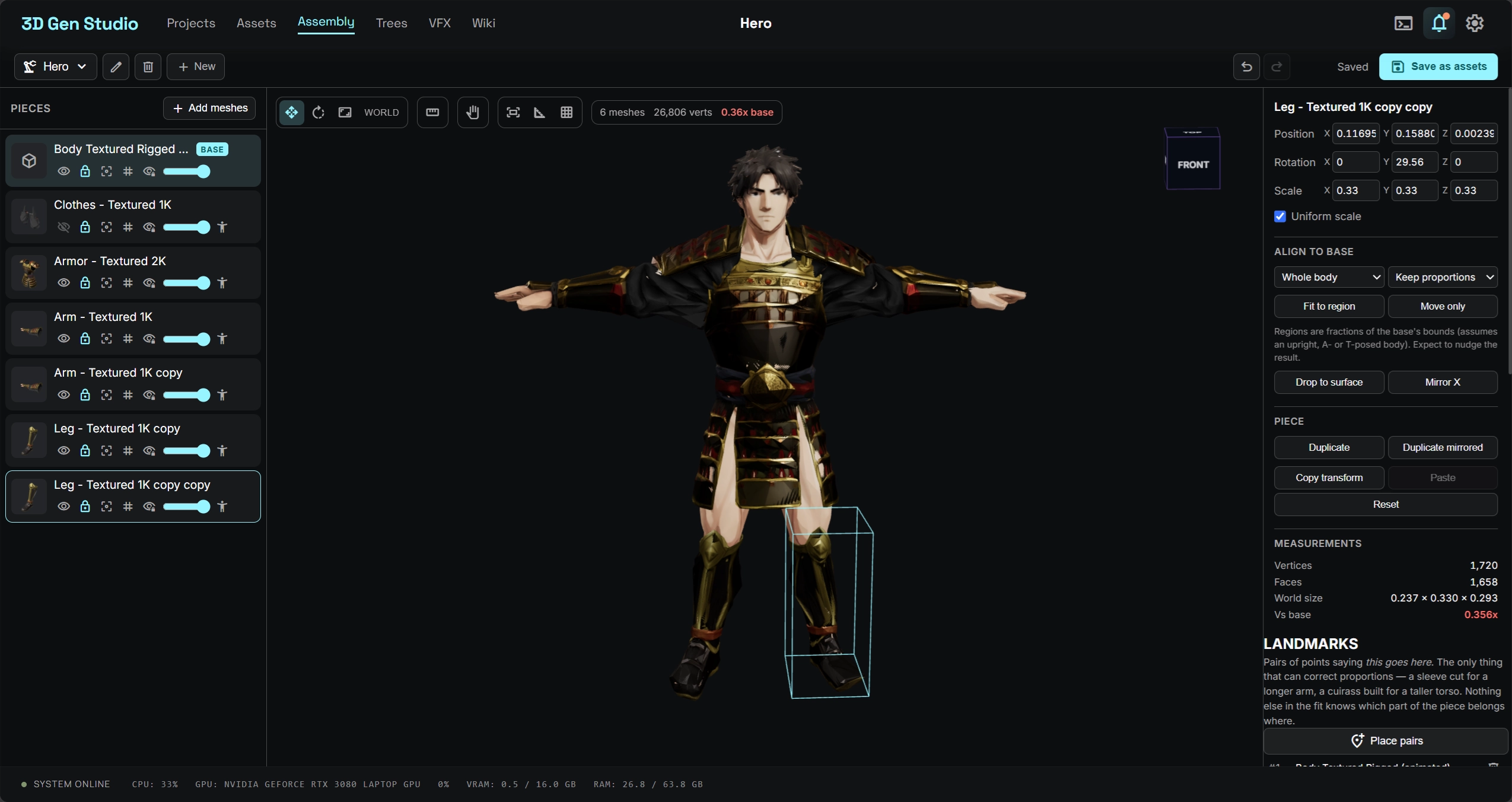 Assembly workspace in 3D Gen Studio fitting armour pieces onto a character body