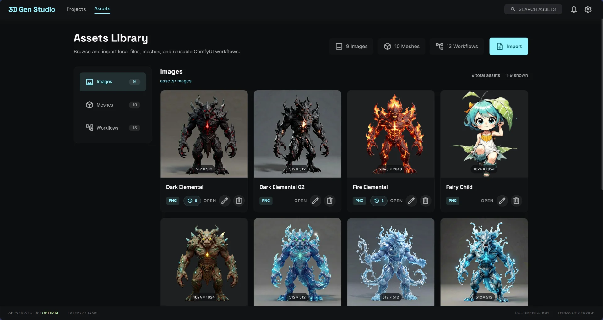 Assets library view of 3D Gen Studio showing image and mesh collections