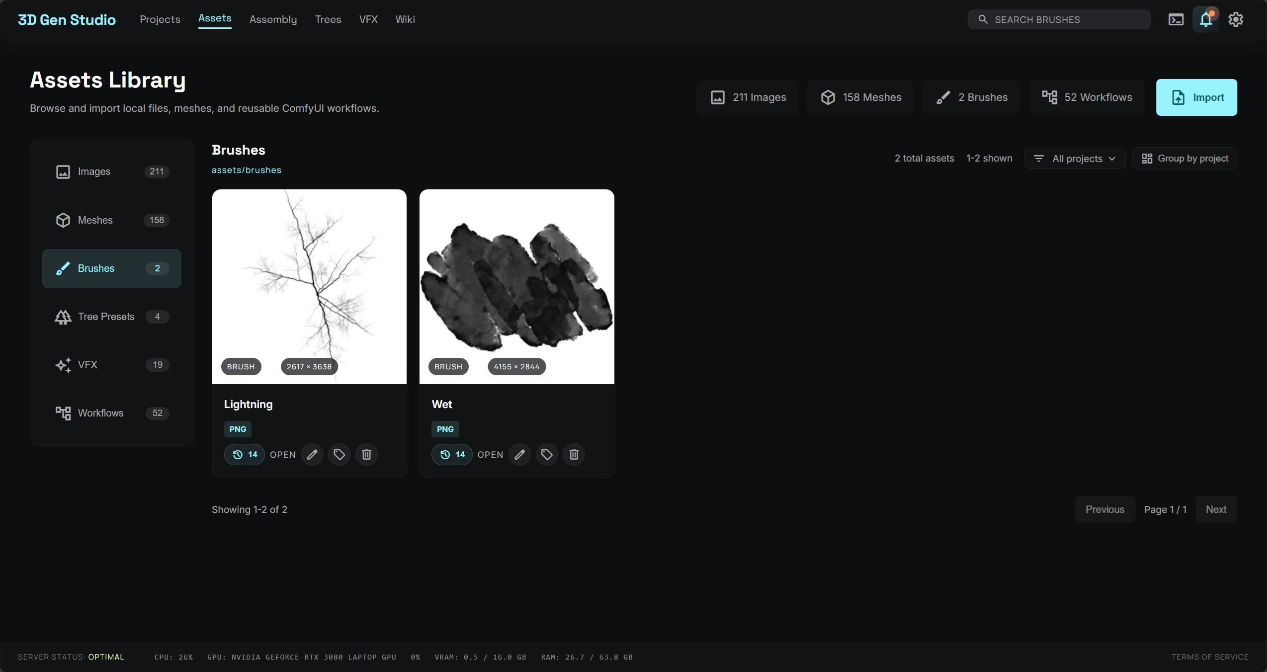 Brush library in 3D Gen Studio showing imported brush sets and their variants