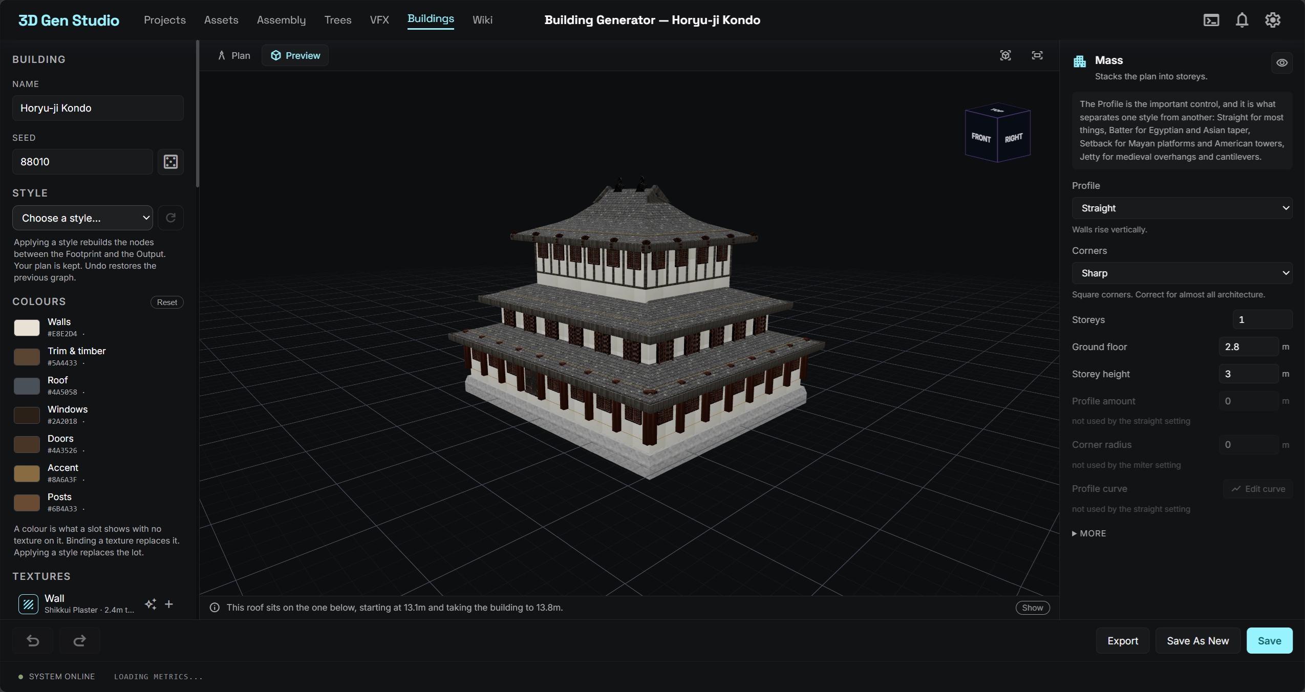 Building Generator in 3D Gen Studio showing a drawn plan and the node chain that builds it