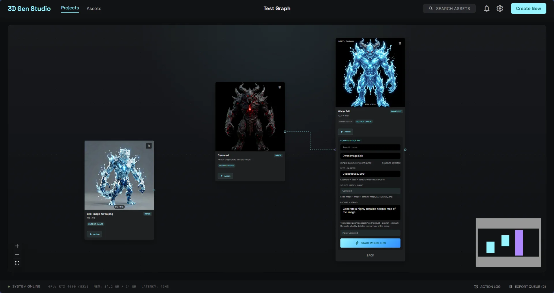 Node graph view of 3D Gen Studio showing connected workflow nodes