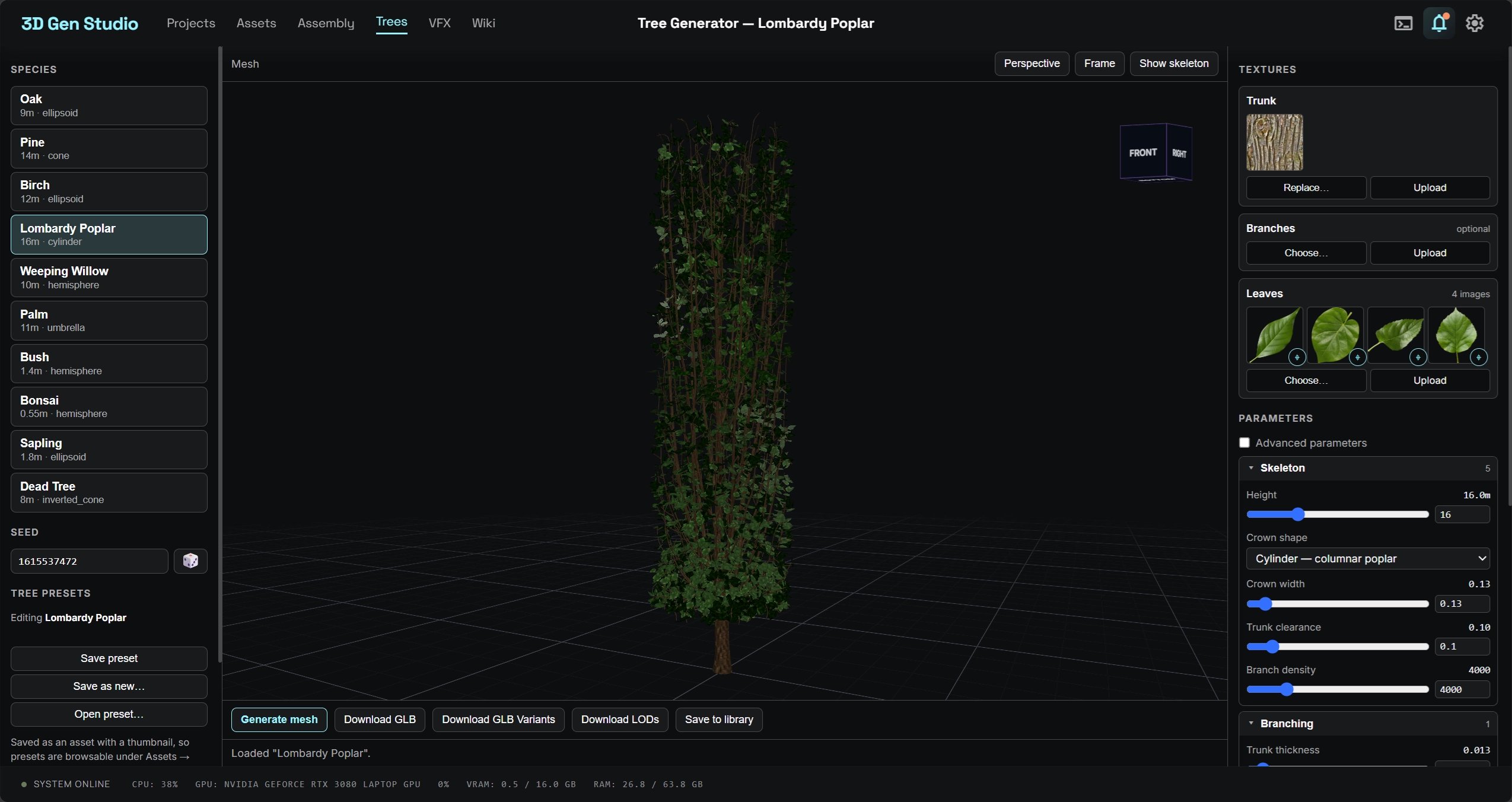 Tree Generator in 3D Gen Studio showing a procedural tree and its parameters