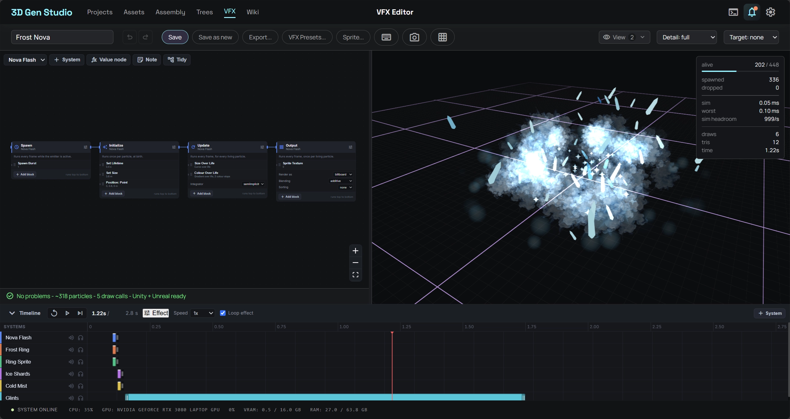 VFX Generator in 3D Gen Studio showing a particle node graph and live preview